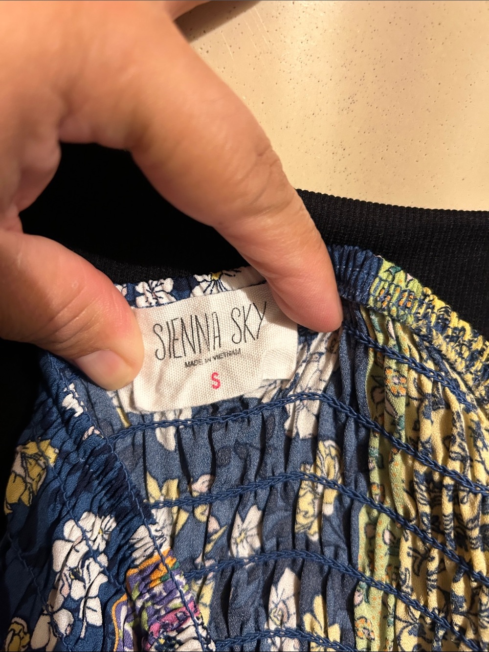 Sienna Sky Navy Yellow Patchwork Smocked Strapless Crop Top - Picture 5 of 7